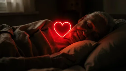 An elderly person sleeping peacefully in a dim bedroom, a glowing red heart icon floating above their chest, warm and serene atmosphere, cinematic lighting, 8k resolution, photorealistic.