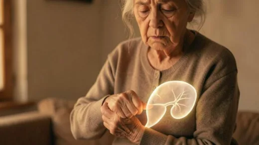 An elderly woman looking concerned while scratching her arm, with a translucent, slightly glowing kidney symbol superimposed over her abdomen, indicating an internal health issue. Soft, warm lighting.