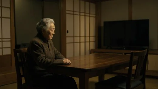 An elderly woman sitting alone at a quiet dining table, with an empty chair opposite her, a TV dimly lit in the background, conveying a sense of solitude and peace. Soft, warm lighting. Korean traditional interior.