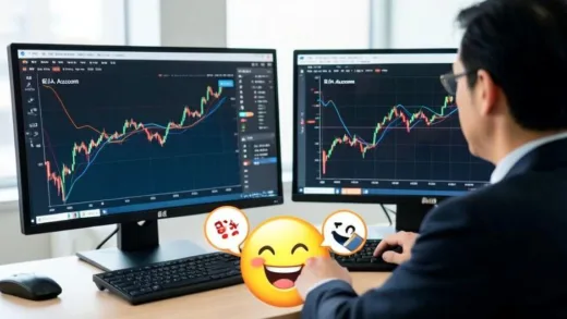 An investor looking at a dual screen, one showing overseas stock charts with a high tax symbol and the other showing a Korean stock chart with a zero tax symbol, symbolizing the transfer and tax benefits of RIA account, with a happy emoji overlay.