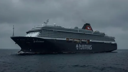 An isolated cruise ship at sea under a grey sky, subtle medical signs on its hull, a sense of quiet tension and mystery.