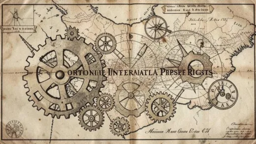 An old map of Venice with gears and innovation symbols overlaid, representing the origin of intellectual property rights, with a subtle hint of historical documents.