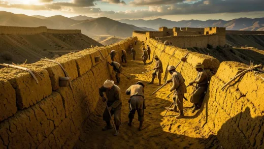 Ancient Chinese workers building the Great Wall using rammed earth technique with yellow soil, historical reconstruction of Qin dynasty era, archaeological accuracy, dramatic cinematic lighting