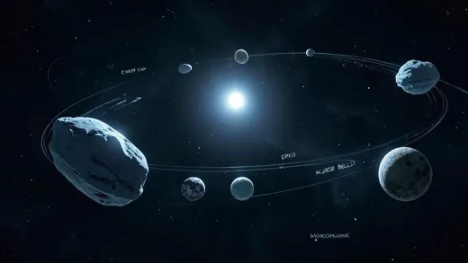 Artistic view of the Kuiper Belt showing frozen dwarf planets like Pluto, Eris, Haumea and Makemake orbiting in a dark cold region beyond Neptune, with the distant Sun appearing as a bright star in the dark sky, icy blue and grey tones, cinematic space illustration