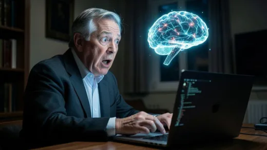 Bill Gates looking shocked and amazed while using a laptop, with a glowing AI brain interface floating above the screen, photorealistic style, cinematic lighting