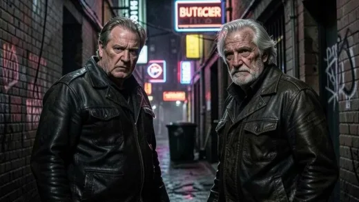 Butcher and The Legend in a gritty, urban alleyway at night, looking determined but wary. The Legend is an older, weary superhero, and Butcher is a rugged, intense man. Neon signs glow in the background.
