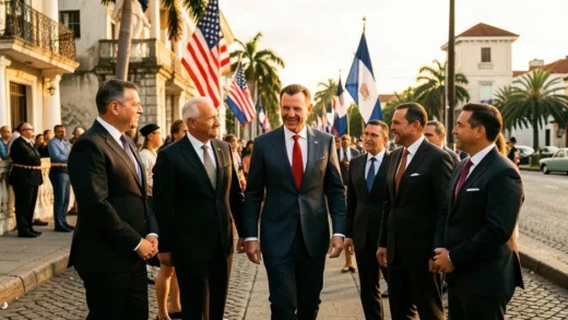 CIA Director John Ratcliffe walking with Cuban officials in Havana, vintage American and Cuban flags in background, photojournalistic style, warm Caribbean lighting, 2026