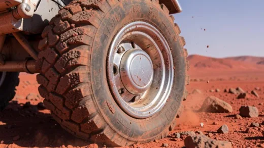 Close-up of a Martian rover wheel made of aluminum, showing intricate tread patterns designed for rough, rocky terrain. Dust and small, sharp Martian rocks are visible around the wheel. The background is a desolate, red Martian landscape under a clear sky.