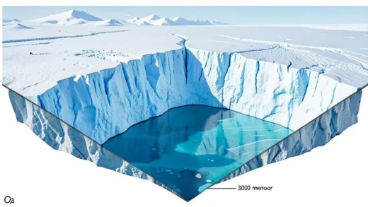 Cross-section diagram of Antarctic ice sheet showing a liquid subglacial lake beneath 3000 meters of ice, realistic scientific illustration with blue ice layers and liquid water below