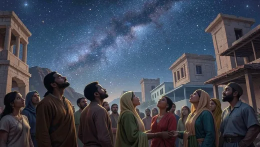 Diverse people from different cultures looking up at a starry sky, contemplating the afterlife, with ancient and modern architectural elements blended into the background, artistic, contemplative.