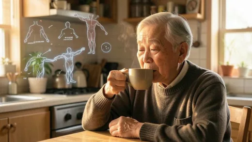 Elderly Korean person in their 60s drinking coffee in a cozy kitchen, warm atmosphere with subtle scientific floating diagrams showing muscle preservation, digital art style, soft morning lighting