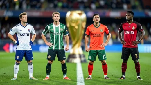 Four diverse national football teams (South Korea, Mexico, Czech Republic, South Africa) looking confident and determined, standing on a football field with a blurred World Cup trophy in the background, a sense of competitive anticipation.
