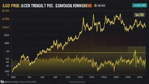 Gold price chart showing peak at $5,500 per ounce in January 2026, then declining to $4,700, with geopolitical tension news headline overlay, professional financial infographic style