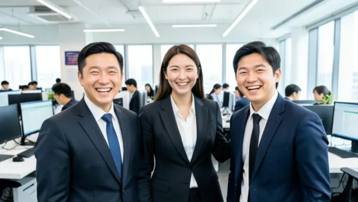 Happy Korean office workers smiling in a modern, brightly lit technology company office, looking enthusiastic and proud, in 2026.