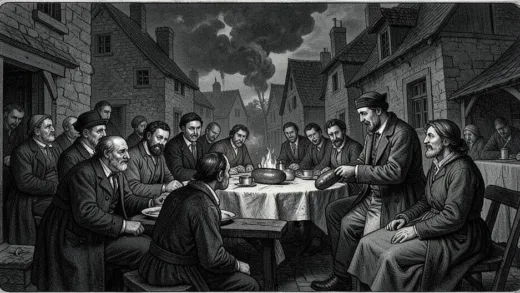 Historical illustration of a 19th-century Belgian village, people looking ill after a funeral meal, scientist examining a sausage, dark and mysterious atmosphere, high detail.