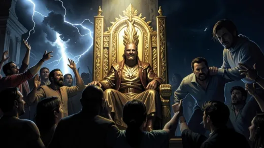 Homelander on a golden throne, looking smug and god-like, with a crowd of people cheering in a stylized, almost worshipful manner. Starlight in the background, looking determined but under pressure, in a dimly lit, defiant posture. Focus on the contrasting light and shadow.