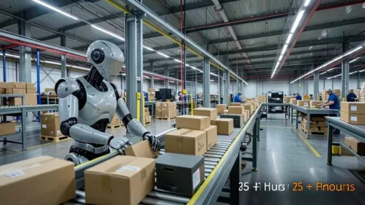 Humanoid robot named Frank at a conveyor belt sorting various sized packages in a modern warehouse, industrial LED lighting, photorealistic wide angle shot, timestamp overlay showing 15+ hours