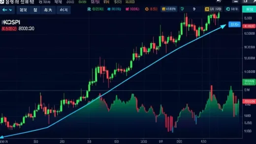 Korean stock market KOSPI index chart breaking through 8000 points with a steep upward trajectory, colorful candlestick pattern, futuristic financial data visualization style