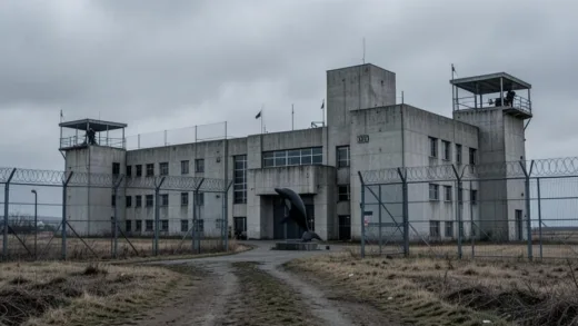 Massive grey concrete prison complex surrounded by barren steppe landscape under overcast sky, Black Dolphin statue at the entrance, high security fences with barbed wire, guard towers with armed soldiers, oppressive atmosphere, photorealistic cinematic style