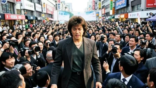 Michael Jackson arriving in South Korea in the 1990s, with a large crowd and media. A vibrant atmosphere.