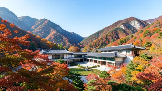 Panoramic view of a modern museum nestled in a mountainous landscape, specifically the serene and lush Odesan National Park in Pyeongchang, South Korea, autumn colors, clear sky, inviting atmosphere, traditional Korean architectural elements blended with contemporary design, wide shot.