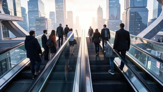 People standing on an escalator, some walking, some standing still, with a clear line dividing them, a futuristic city background, soft lighting, mobile-optimized view