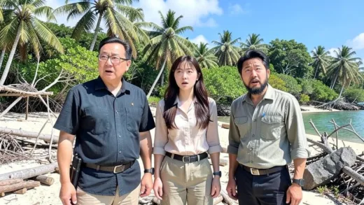 Three Korean scientists, a middle-aged man with glasses, a younger woman, and a man with a beard, looking surprised and slightly bewildered on a lush, tropical, uninhabited island with simple survival tools. The sun is shining.
