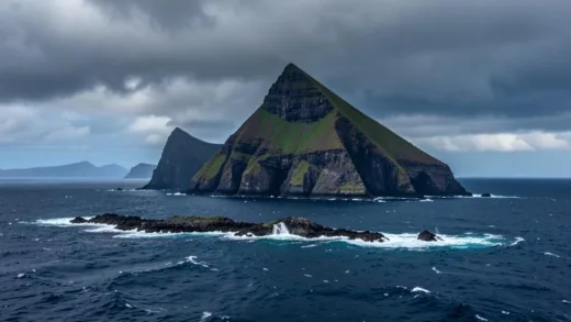 Tristan da Cunha island viewed from the ocean, a volcanic peak rising from the South Atlantic Ocean, dramatic cliffs, stormy clouds, isolated island surrounded by rough waves, photorealistic style
