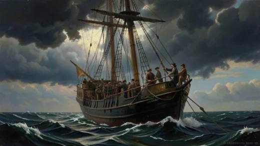 A 19th century whaling ship sailing on rough seas under dramatic storm clouds, with sailors on deck preparing harpoons, oil painting style evoking the era of Herman Melville