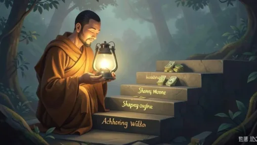 A Buddhist monk holding a glowing lantern, with three ascending steps showing different levels of desire: hoarding money, sharing money and achieving wisdom, digital art, serene atmosphere with soft lighting