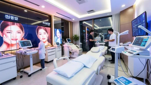 A bustling, modern aesthetic clinic in South Korea, with glowing skin models and advanced medical devices. The atmosphere is vibrant and luxurious.