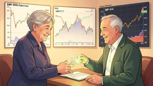 A calm and professional illustration showing a retired couple receiving monthly cash flow from a portfolio of US ETFs, with S&P 500 and Nasdaq charts in the background, warm and reassuring atmosphere, digital art style
