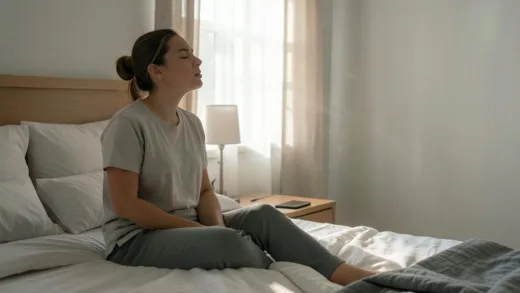 A calm morning scene showing a person sitting on the edge of their bed with closed eyes, taking a deep breath. Soft sunlight streams through the window. A smartphone is placed face-down on the nightstand. The atmosphere is peaceful and serene.