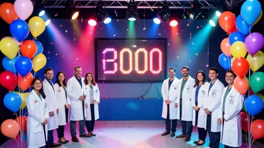 A celebratory science-themed studio with 200 balloons, a large digital countdown display showing 200, scientists in lab coats smiling, colorful stage lighting, festive atmosphere