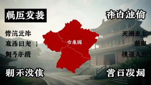 A Chinese map with Henan province highlighted in red, surrounded by stereotypical negative labels like fraud, thief, scam in Chinese characters, with a historical temple fading in the background, cinematic documentary style