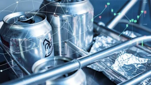 A close-up shot of various aluminum products like soda cans, bicycle frames, and foil, with a subtle overlay of global supply chain lines and rising price charts in the background, set in a modern, slightly futuristic style.