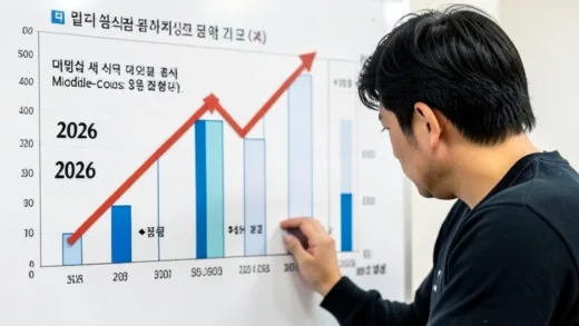 A confused person looking at a chart with rising numbers, symbolizing the gap between perceived and real middle-class status in South Korea in 2026.