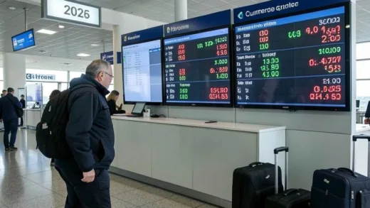 A confused traveler looking at a large digital display showing a high exchange rate at an airport currency exchange booth, with suitcases nearby. The year 2026 is subtly visible on a sign.