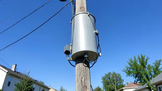 A cylindrical gray pole transformer mounted on a wooden utility pole under a clear blue sky, viewed from a slight upward angle. The transformer looks like a metal drum with cables attached. Residential houses and trees visible in the background. Realistic photography style, daytime lighting.