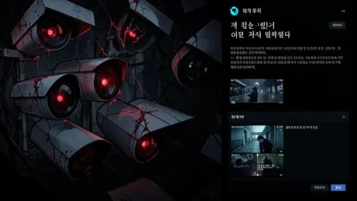 A dark and eerie digital illustration showing multiple home security cameras being hacked, with glowing red eyes in the camera lenses and surveillance footage being streamed to a shadowy website interface with Korean language text, cyberpunk style