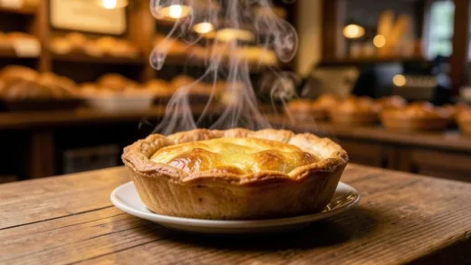 A delicious golden-brown New Zealand meat pie on a wooden table with steam rising, cozy bakery background, warm lighting, professional food photography style