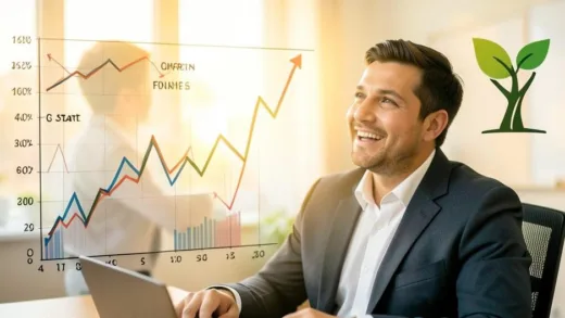 A determined small business owner looking optimistically at a bright future, with financial graphs and a symbol of growth in the background, representing a fresh start and government support, warm lighting.