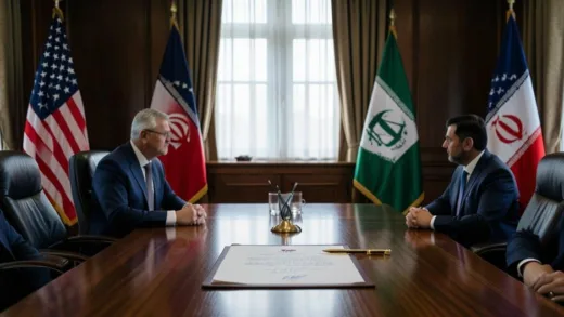 A diplomatic meeting room with US and Iranian flags on a table, a signed document with a golden pen, solemn atmosphere, photorealistic style