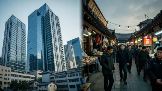 A dramatic contrast image showing modern construction in Pyongyang on one side, and an empty traditional market with worried people on the other side, split composition, photorealistic style, cinematic lighting