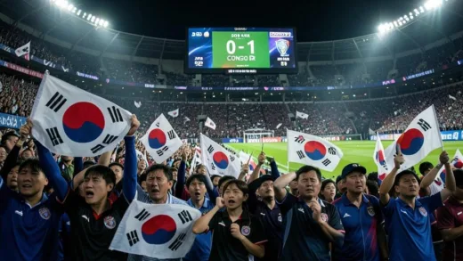 A dramatic football stadium scene with fans holding South Korean flags looking disappointed, scoreboard showing Korea 0-1 Congo DR, 2026 World Cup atmosphere, cinematic lighting, photorealistic