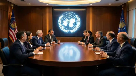 A dramatic global conference room with representatives from diverse nations sitting around a large circular table, a glowing UN emblem in the center, warm ambient lighting, hopeful atmosphere with people engaged in discussion, photorealistic style