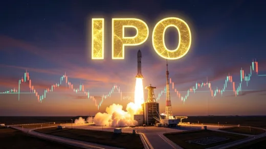 A dramatic illustration of a SpaceX rocket launching at dawn with a giant golden 'IPO' hologram projected in the sky above the launch pad, financial chart lines glowing in the background, cinematic wide angle shot