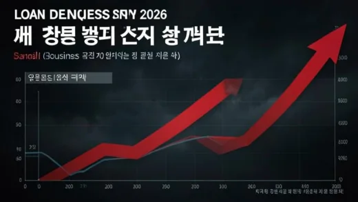 A dramatic infographic showing soaring loan delinquency rates for small business owners in South Korea 2026, with red arrows pointing upward on financial charts, somber atmosphere, data visualization style