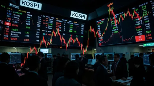 A dramatic KOSPI stock market chart showing a sharp red decline with semiconductor stock tickers falling, Korean stock exchange atmosphere, digital trading screens showing panic selling, cinematic lighting with dark mood