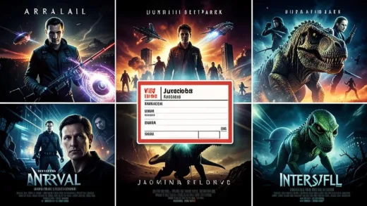 A dramatic movie poster collage featuring iconic sci-fi movie scenes from Arrival, Interstellar, Jurassic Park, and Alien, with a glowing cinematic lighting effect and a voting ballot overlay in the center